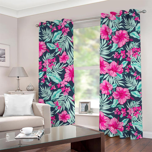 Pink Hibiscus Tropical Pattern Print Grommet Curtains