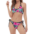 Pink Hibiscus Tropical Pattern Print Halter Scoop Tie Side Bikini