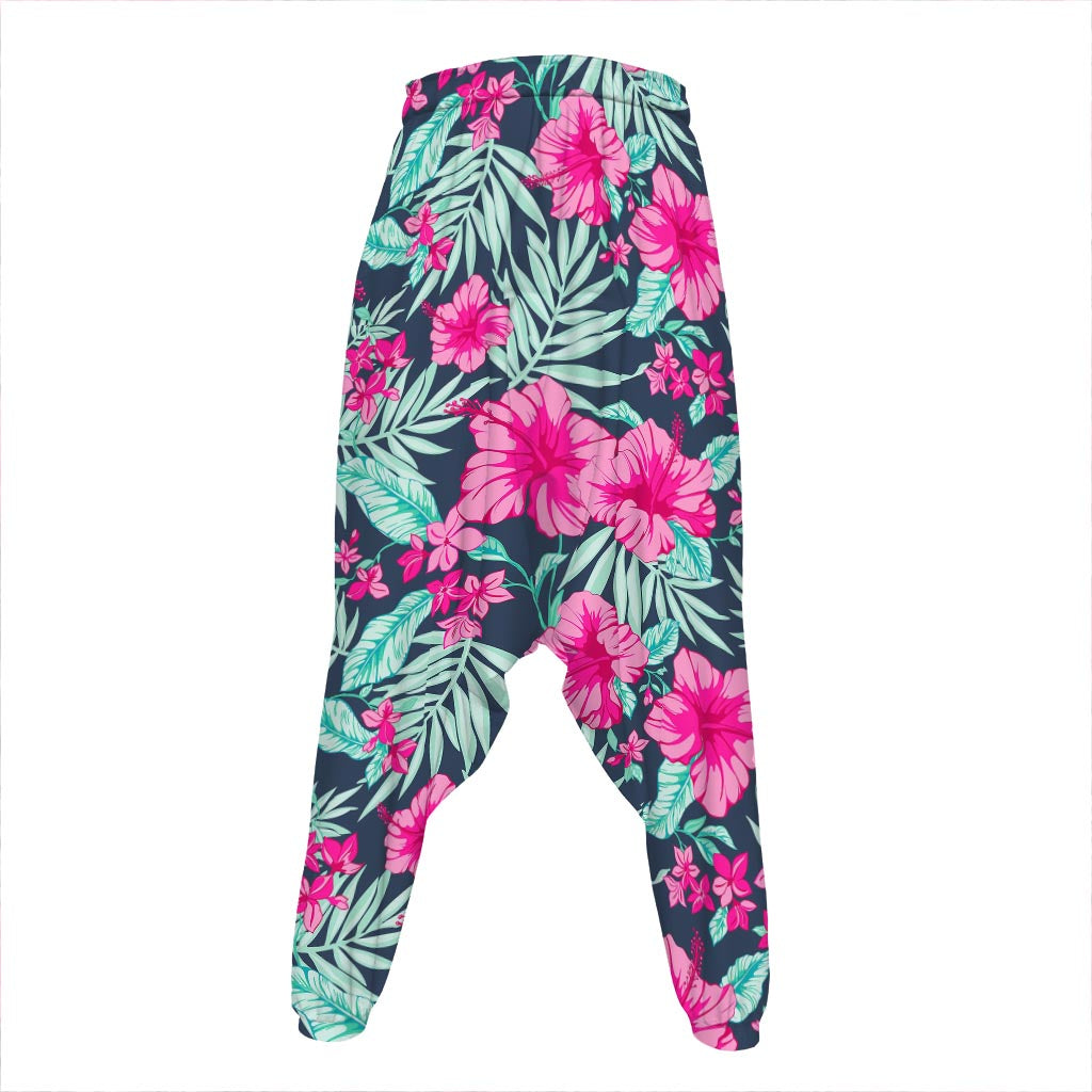 Pink Hibiscus Tropical Pattern Print Hammer Pants