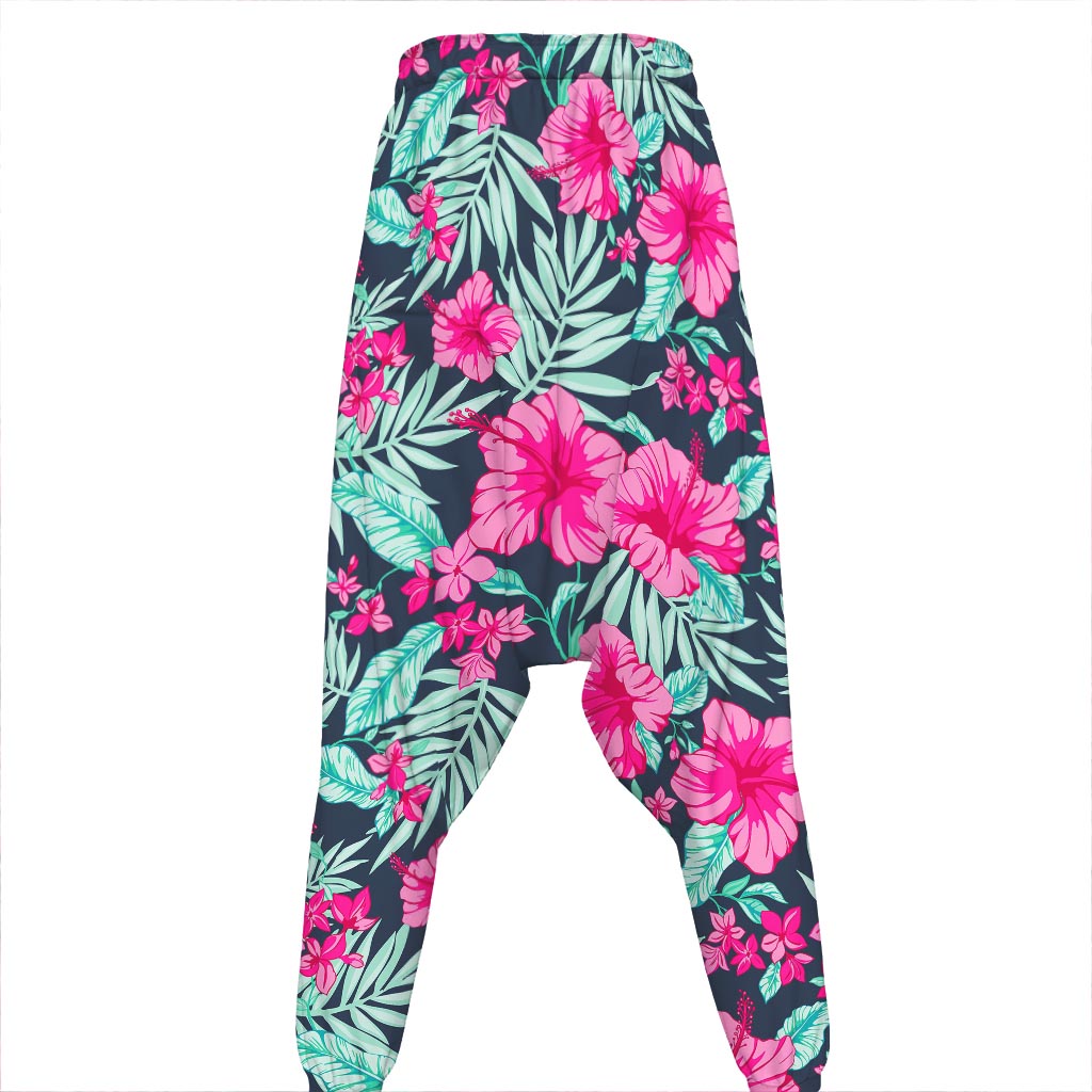 Pink Hibiscus Tropical Pattern Print Hammer Pants