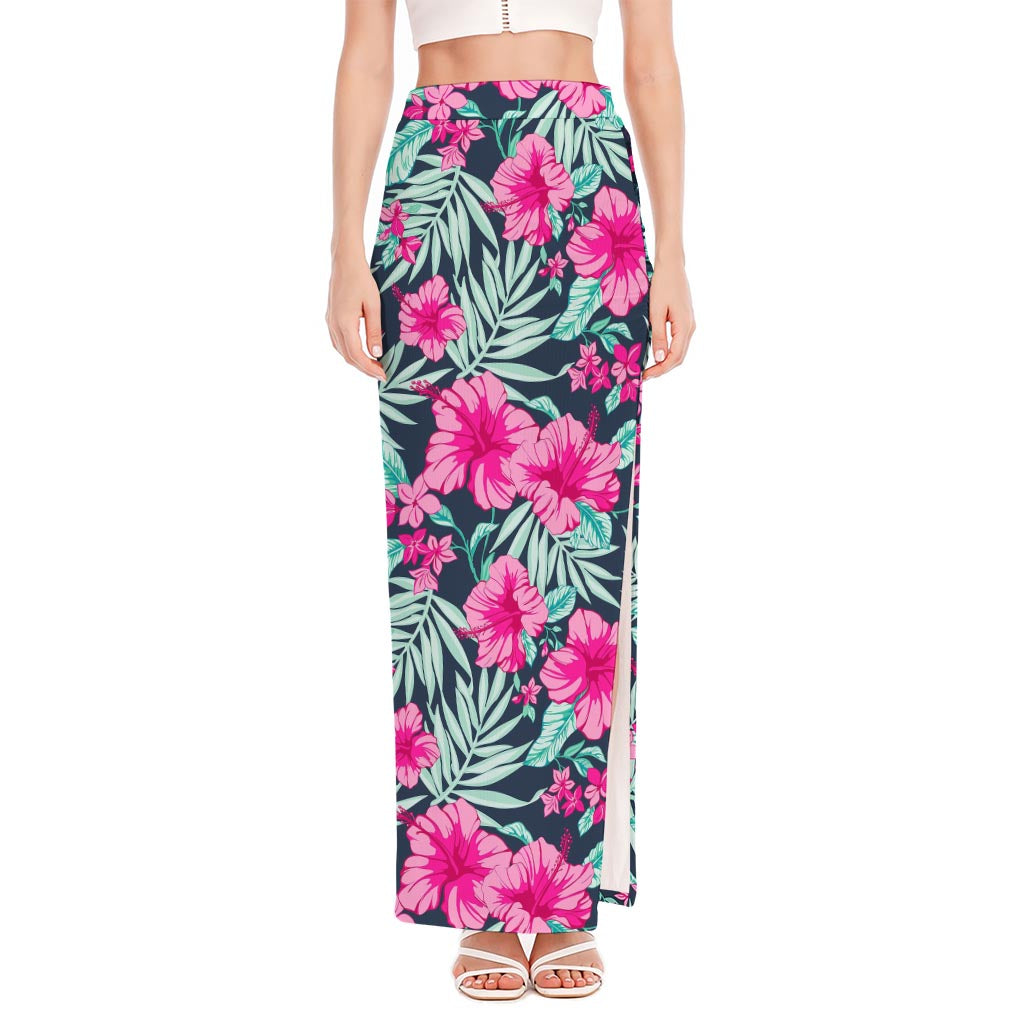 Pink Hibiscus Tropical Pattern Print High Slit Maxi Skirt