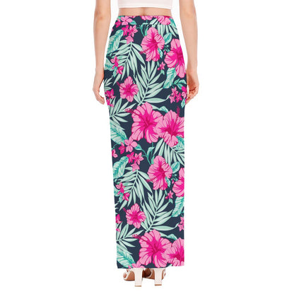 Pink Hibiscus Tropical Pattern Print High Slit Maxi Skirt