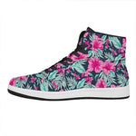 Pink Hibiscus Tropical Pattern Print High Top Leather Sneakers
