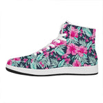 Pink Hibiscus Tropical Pattern Print High Top Leather Sneakers