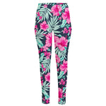 Pink Hibiscus Tropical Pattern Print High-Waisted Pocket Leggings