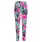 Pink Hibiscus Tropical Pattern Print High-Waisted Pocket Leggings