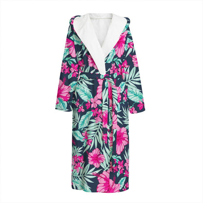 Pink Hibiscus Tropical Pattern Print Hooded Bathrobe