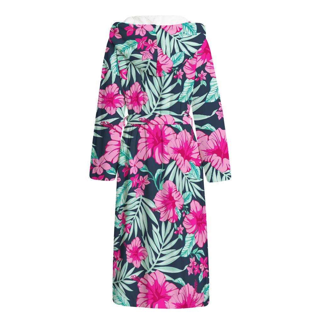 Pink Hibiscus Tropical Pattern Print Hooded Bathrobe