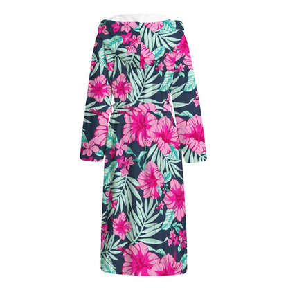 Pink Hibiscus Tropical Pattern Print Hooded Bathrobe