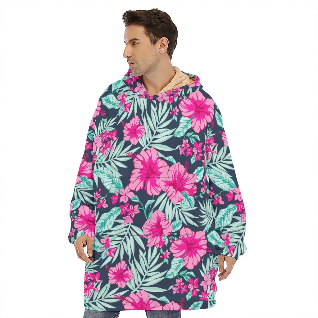 Pink Hibiscus Tropical Pattern Print Hoodie Blanket