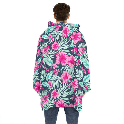 Pink Hibiscus Tropical Pattern Print Hoodie Blanket