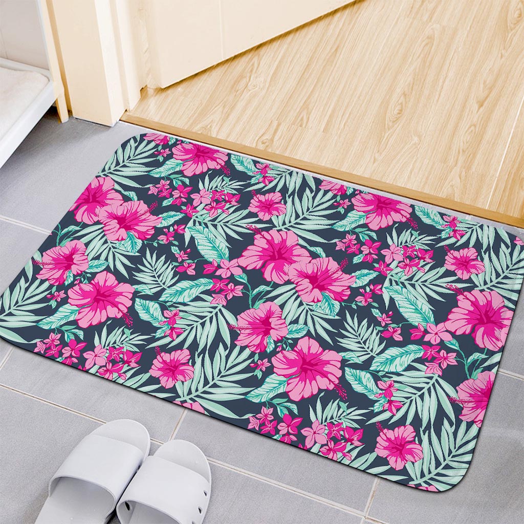 Pink Hibiscus Tropical Pattern Print Indoor Door Mat
