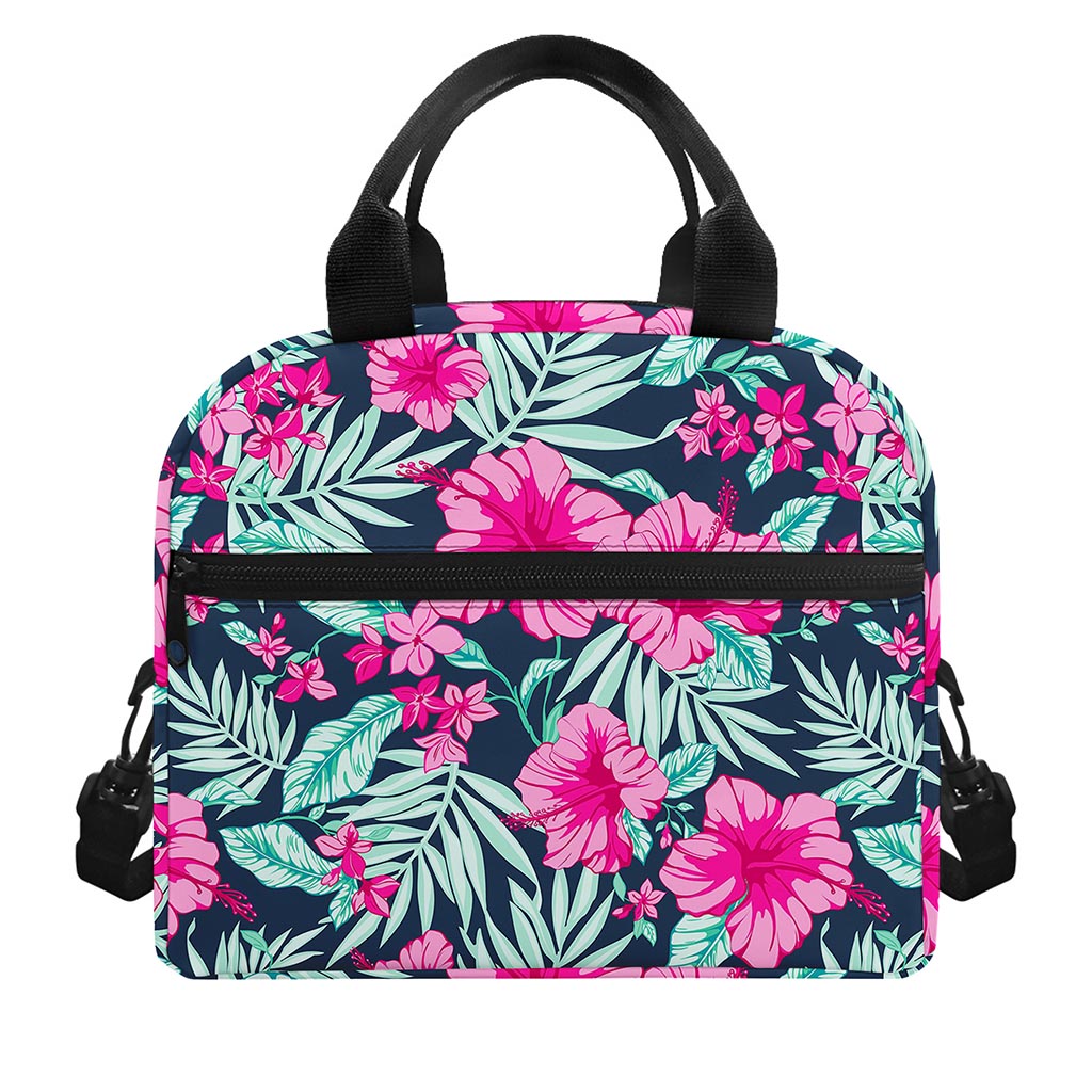 Pink Hibiscus Tropical Pattern Print Insulated Lunch Bag