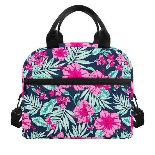 Pink Hibiscus Tropical Pattern Print Insulated Lunch Bag