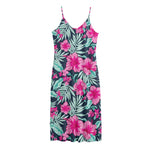 Pink Hibiscus Tropical Pattern Print Jersey Midi Cami Dress