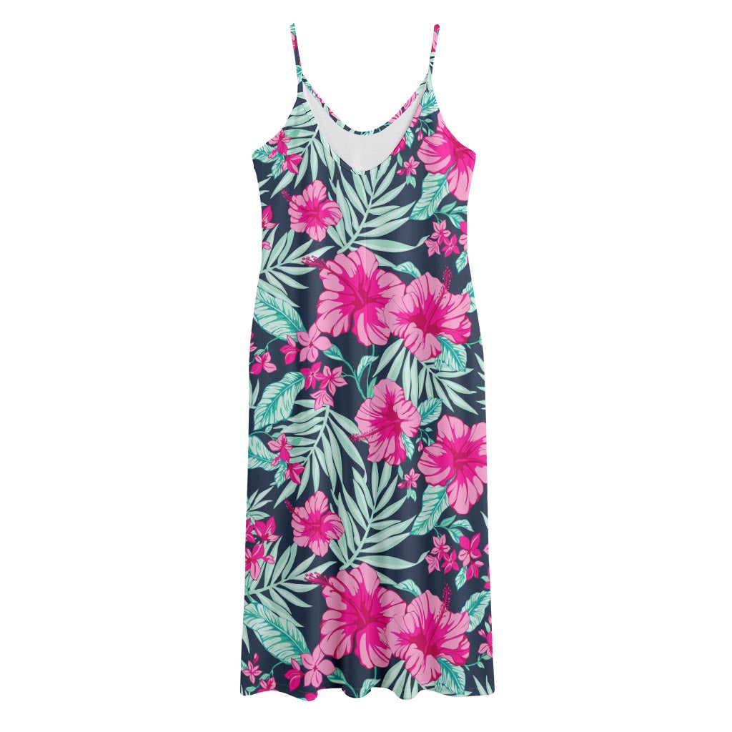 Pink Hibiscus Tropical Pattern Print Jersey Midi Cami Dress