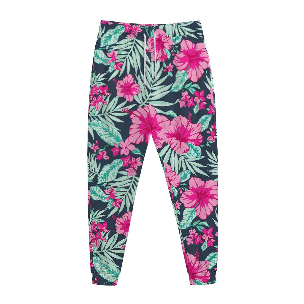 Pink Hibiscus Tropical Pattern Print Jogger Pants