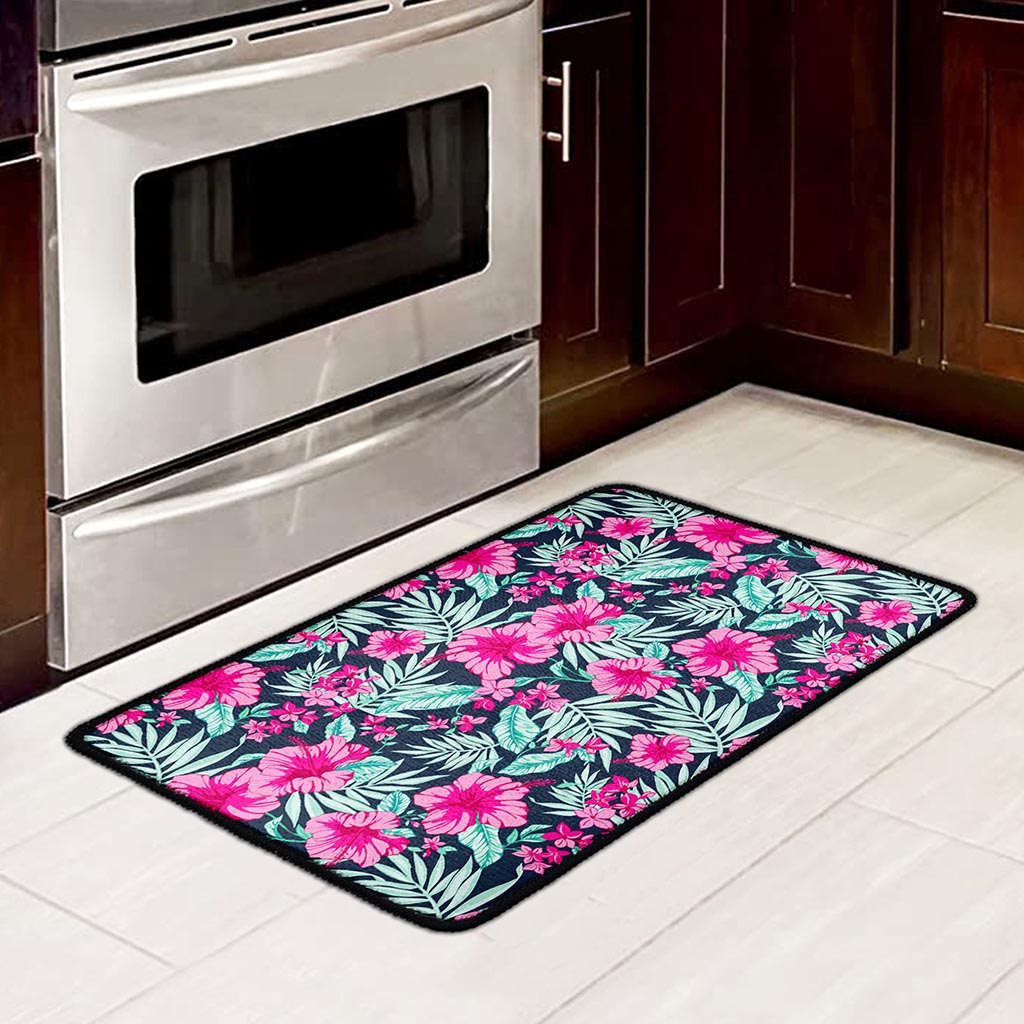 Pink Hibiscus Tropical Pattern Print Kitchen Mat
