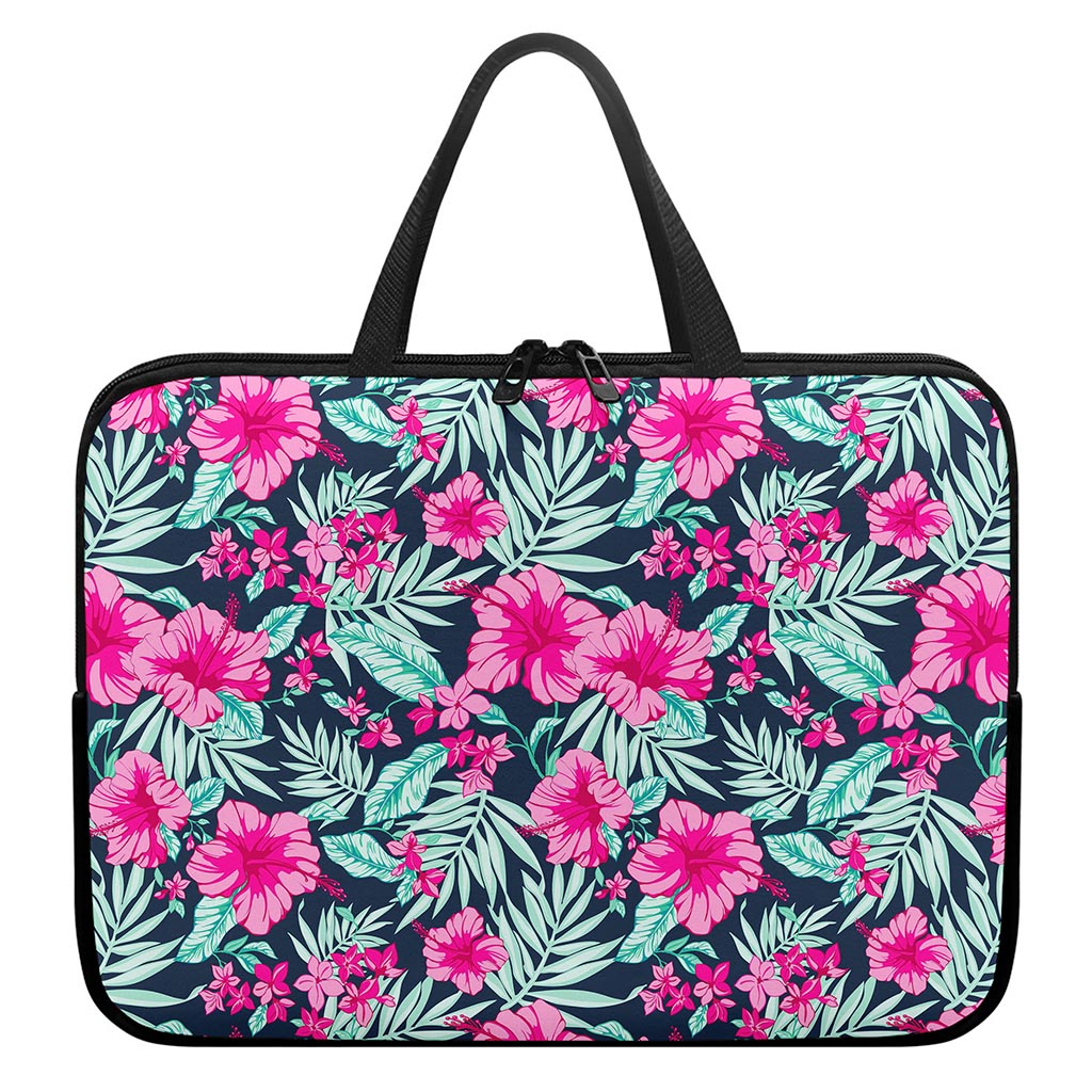 Pink Hibiscus Tropical Pattern Print Laptop Sleeve With Handle