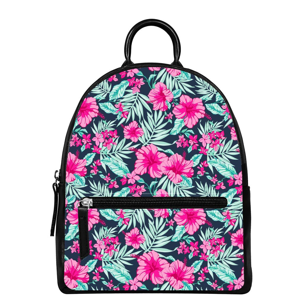 Pink Hibiscus Tropical Pattern Print Leather Backpack