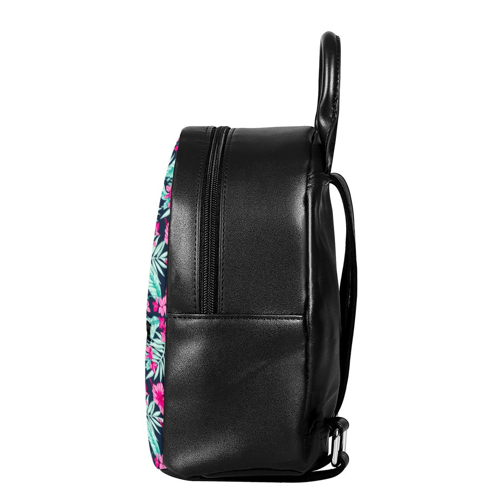 Pink Hibiscus Tropical Pattern Print Leather Backpack