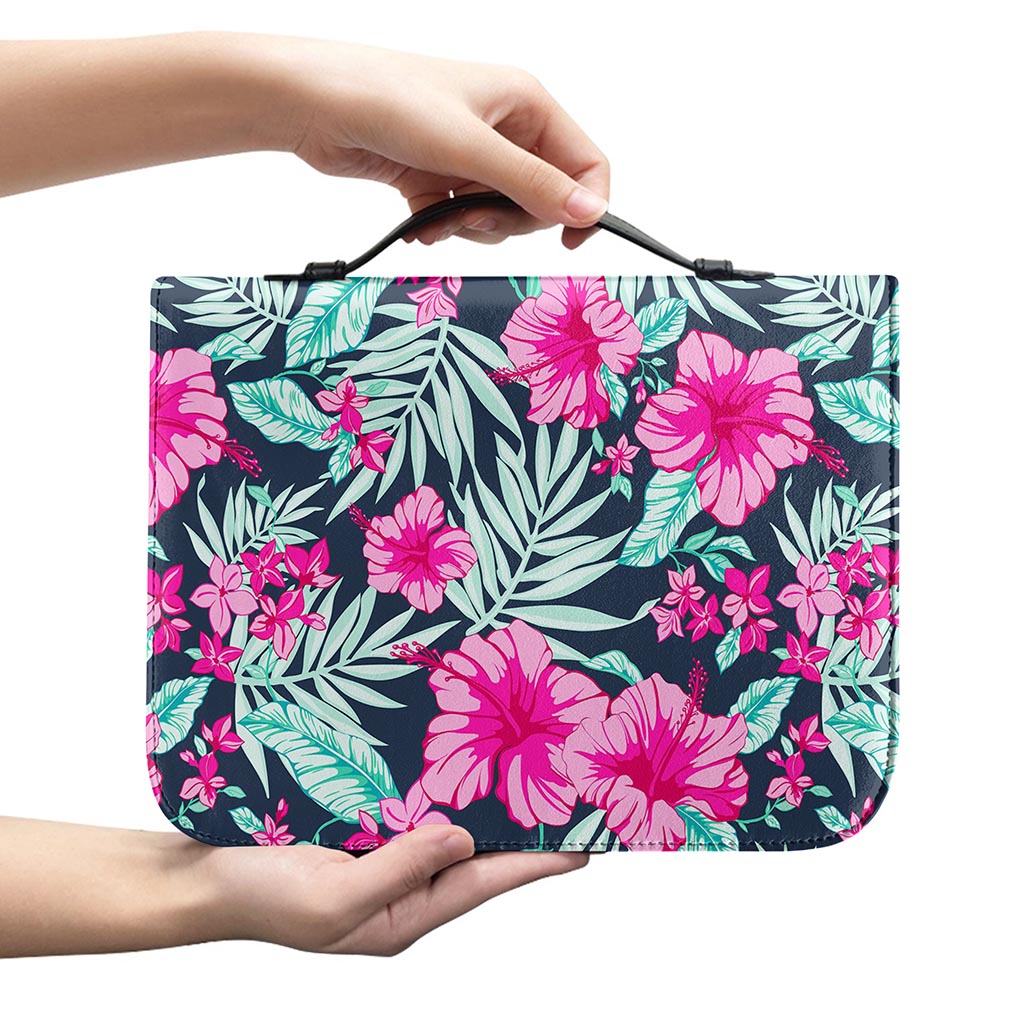 Pink Hibiscus Tropical Pattern Print Leather Bible Cover
