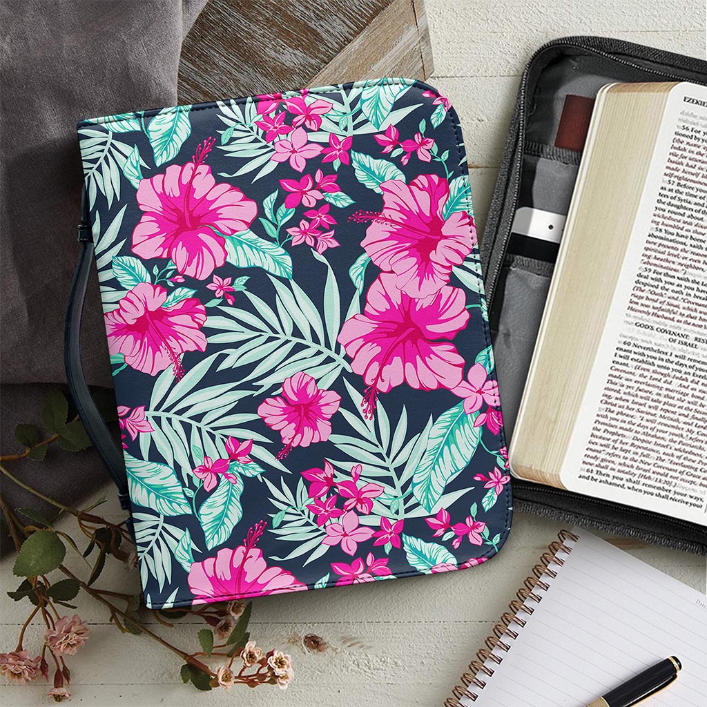 Pink Hibiscus Tropical Pattern Print Leather Bible Cover
