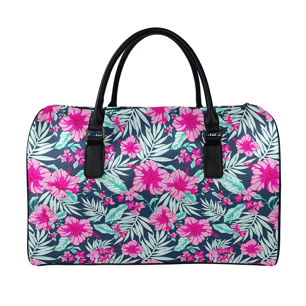 Pink Hibiscus Tropical Pattern Print Leather Duffle Bag
