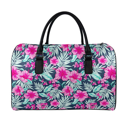 Pink Hibiscus Tropical Pattern Print Leather Duffle Bag