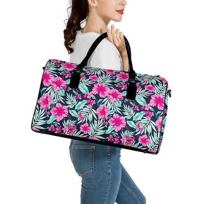 Pink Hibiscus Tropical Pattern Print Leather Duffle Bag