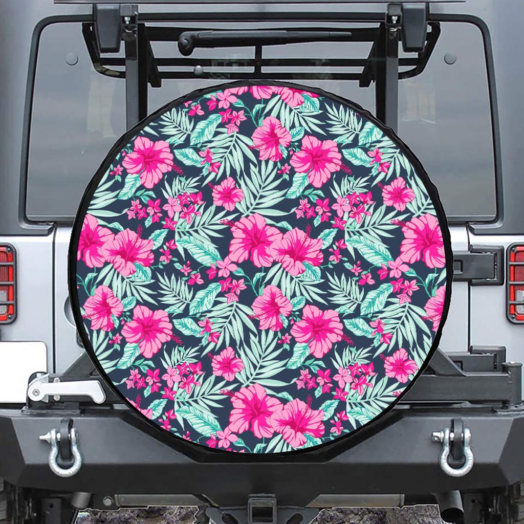 Pink Hibiscus Tropical Pattern Print Leather Spare Tire Cover