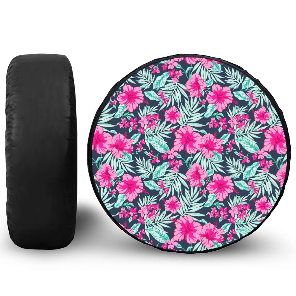 Pink Hibiscus Tropical Pattern Print Leather Spare Tire Cover