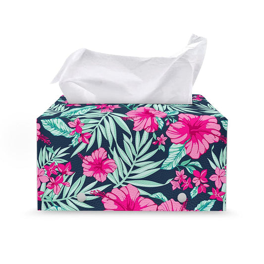 Pink Hibiscus Tropical Pattern Print Leather Tissue Box Cover