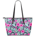 Pink Hibiscus Tropical Pattern Print Leather Tote Bag With Zipper