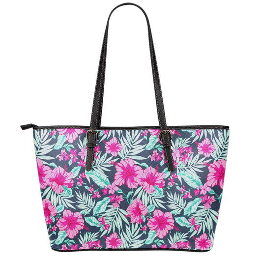 Pink Hibiscus Tropical Pattern Print Leather Tote Bag