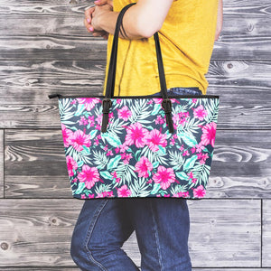 Pink Hibiscus Tropical Pattern Print Leather Tote Bag