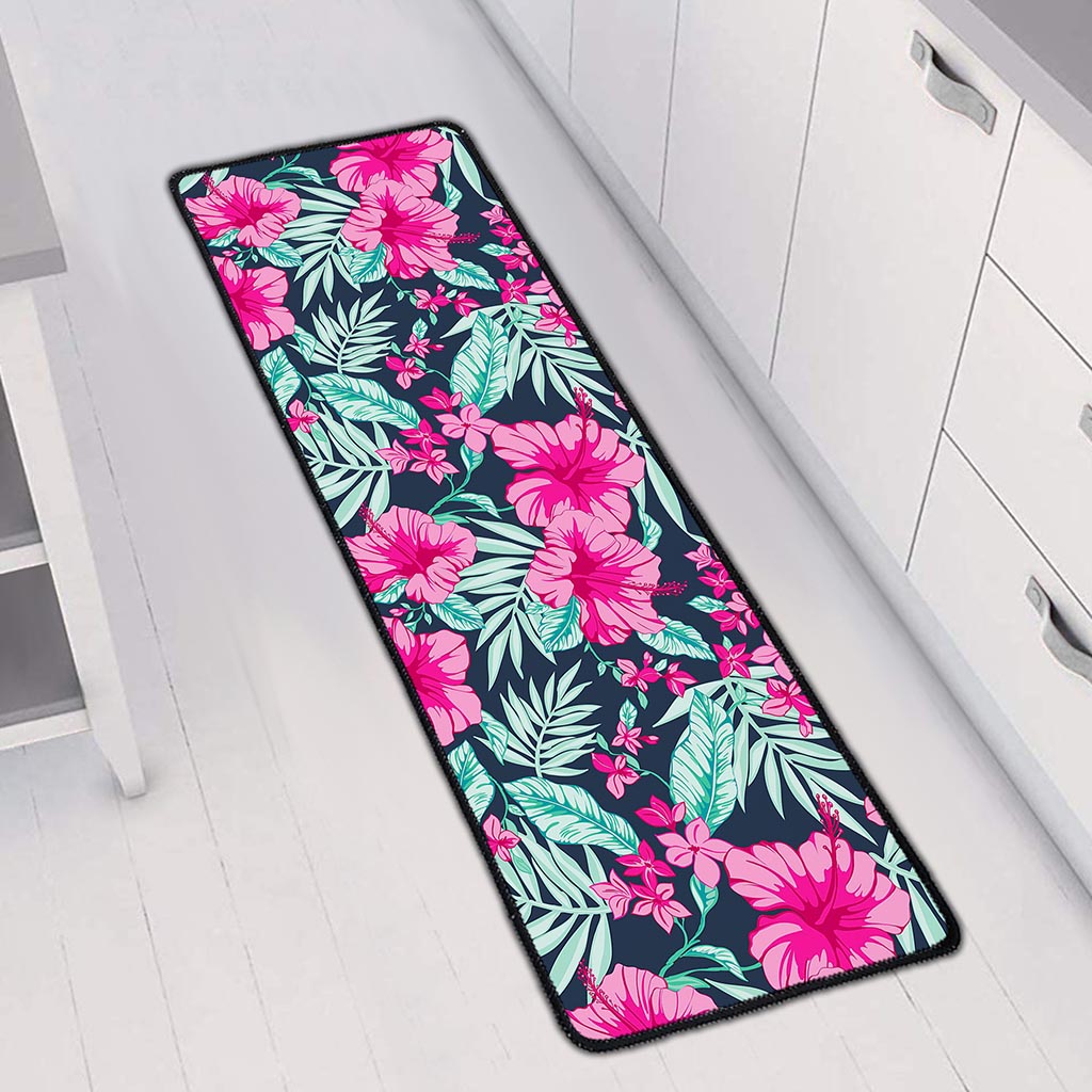 Pink Hibiscus Tropical Pattern Print Long Kitchen Mat