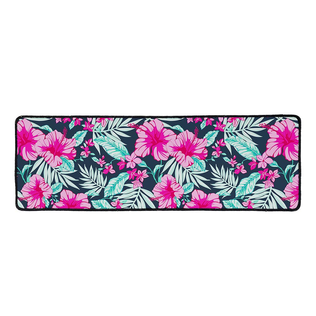 Pink Hibiscus Tropical Pattern Print Long Kitchen Mat