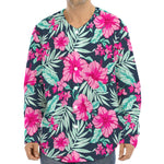 Pink Hibiscus Tropical Pattern Print Long Sleeve Baseball Jersey