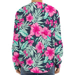 Pink Hibiscus Tropical Pattern Print Long Sleeve Baseball Jersey