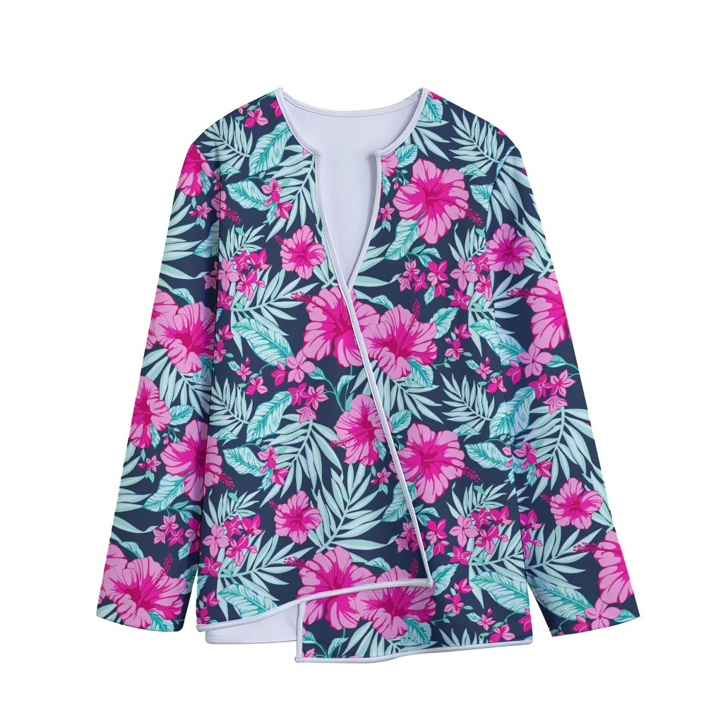 Pink Hibiscus Tropical Pattern Print Long Sleeve Short Coat