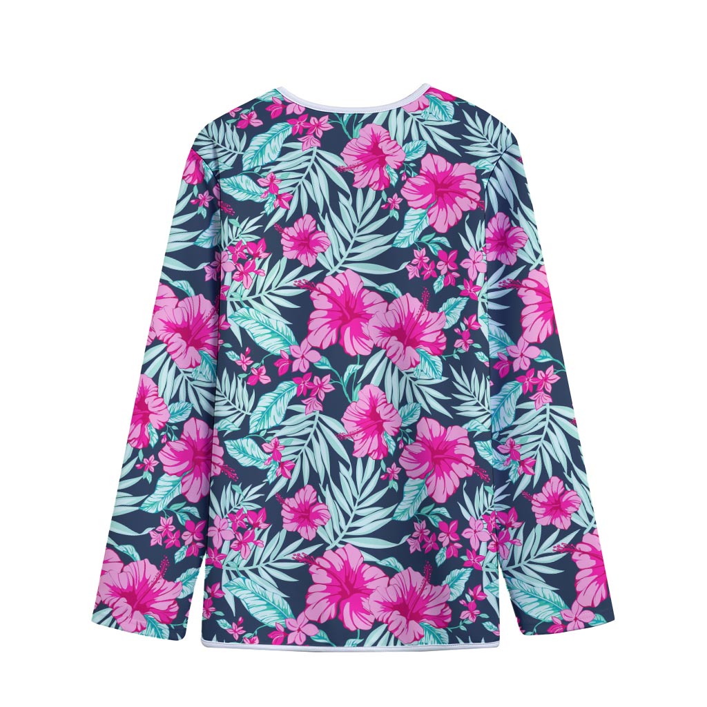 Pink Hibiscus Tropical Pattern Print Long Sleeve Short Coat