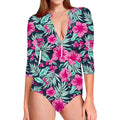 Pink Hibiscus Tropical Pattern Print Long Sleeve Swimsuit