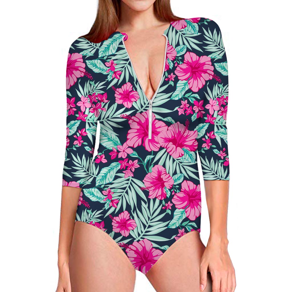 Pink Hibiscus Tropical Pattern Print Long Sleeve Swimsuit