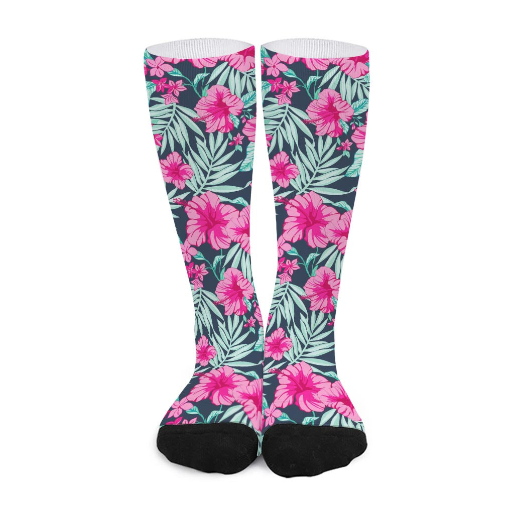 Pink Hibiscus Tropical Pattern Print Long Socks