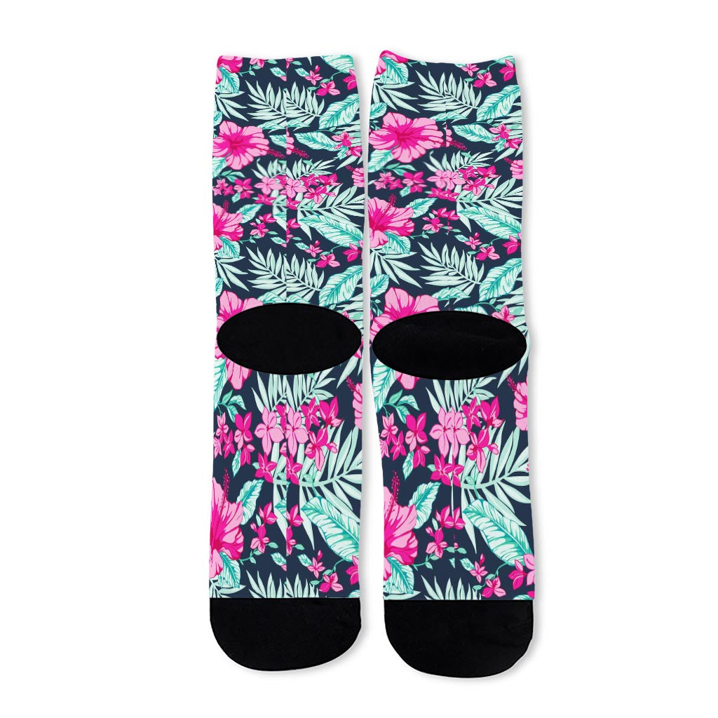 Pink Hibiscus Tropical Pattern Print Long Socks