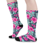Pink Hibiscus Tropical Pattern Print Long Socks