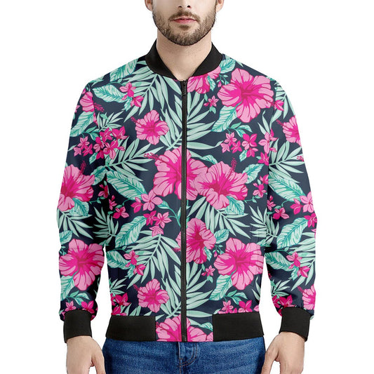 Pink Hibiscus Tropical Pattern Print Men's Bomber Jacket