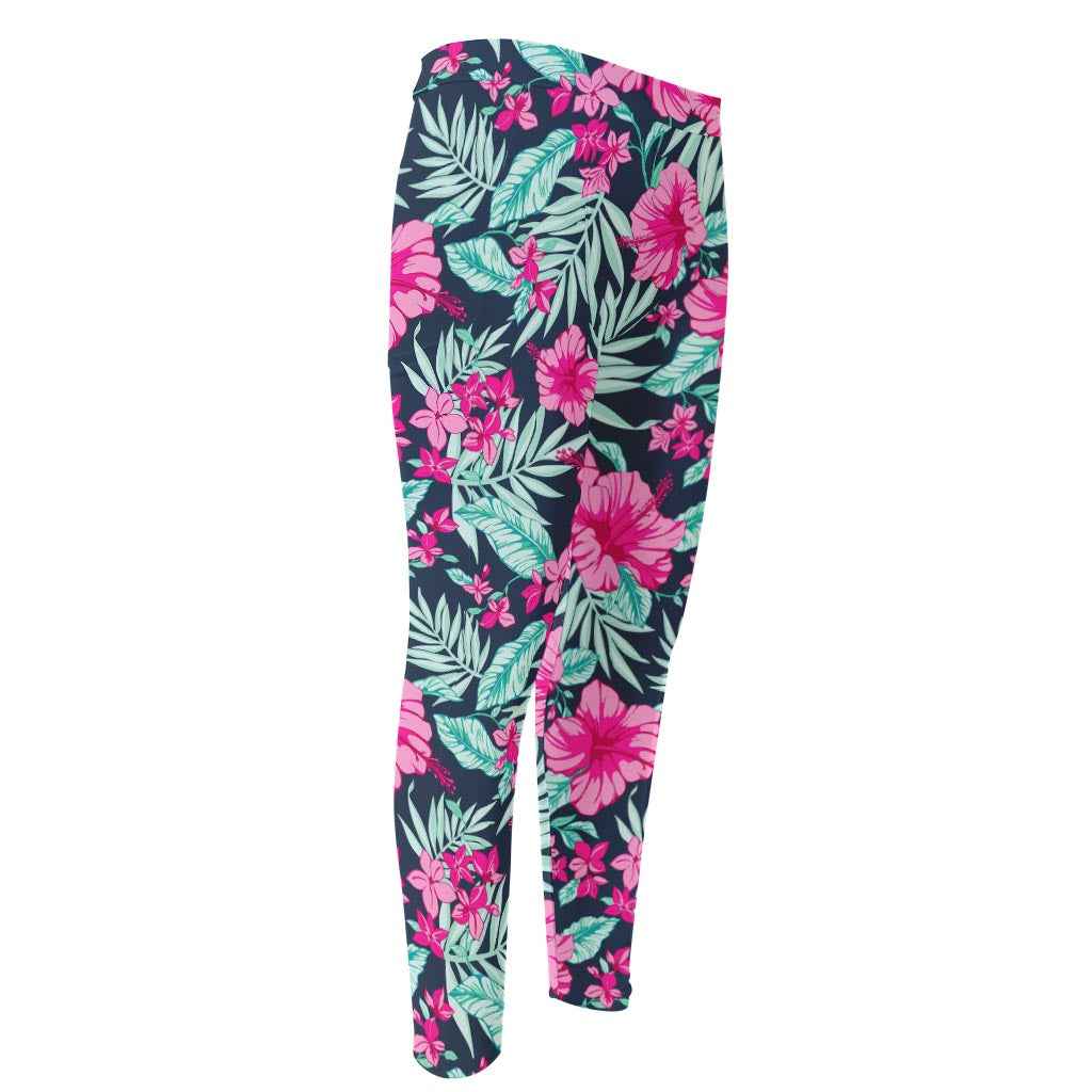 Pink Hibiscus Tropical Pattern Print Men's Compression Pants