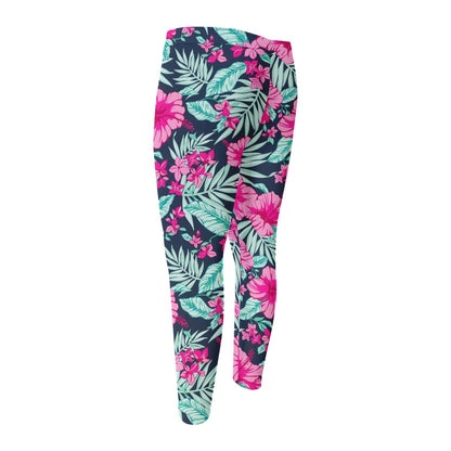 Pink Hibiscus Tropical Pattern Print Men's Compression Pants